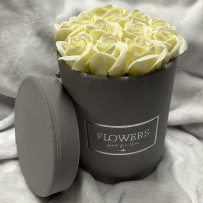 Kwiaty Mydlane Flowerbox szary okrągły - róże mydlane M