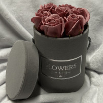 Kwiaty Mydlane Flowerbox szary okrągły - róże mydlane S