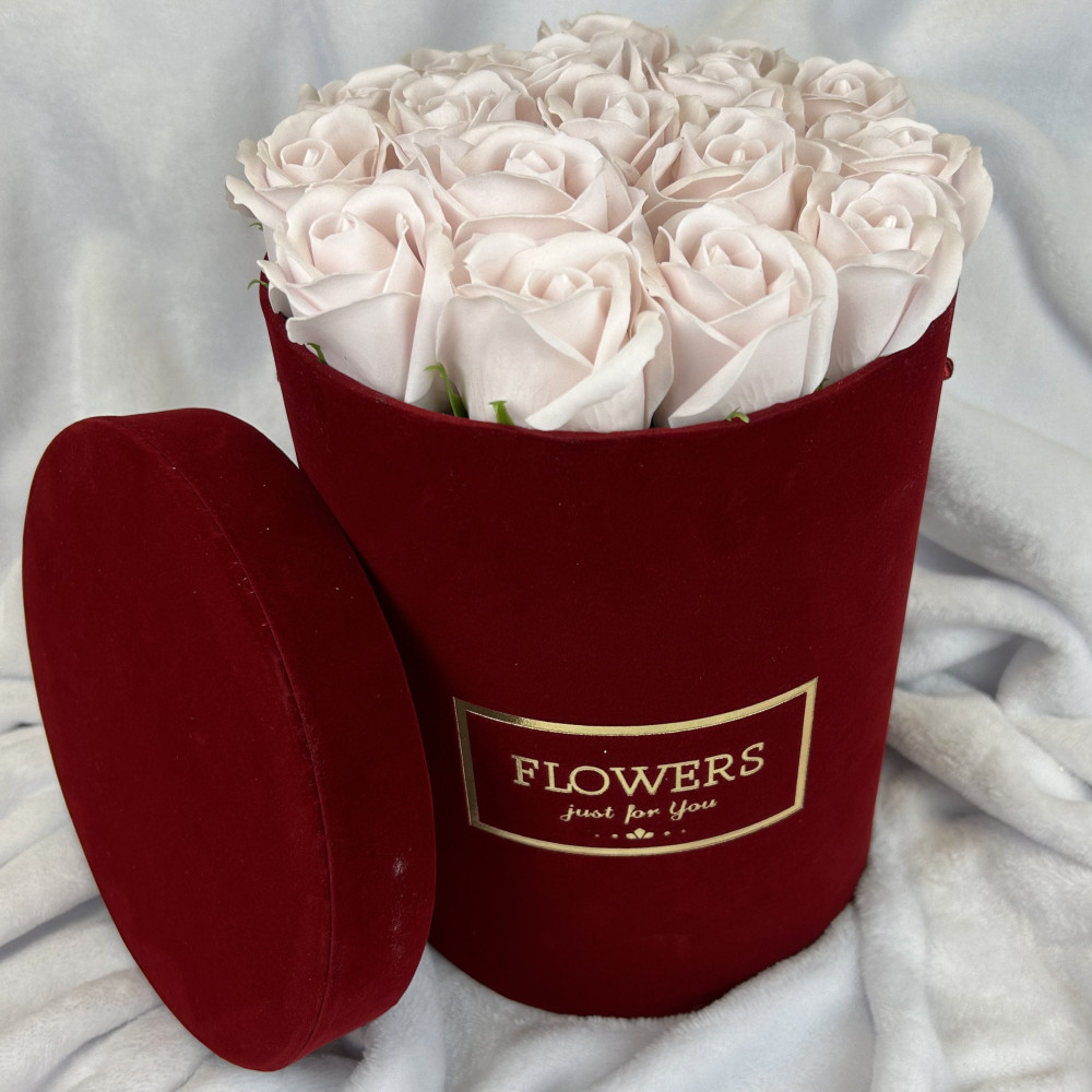 Kwiaty Mydlane Flowerbox bordowy okrągły - róże mydlane L
